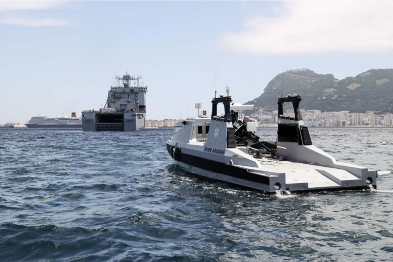 Minehunting USV RNMB Ariadne off Gibraltar waiting for the dock to flood on RFA Lyme Bay.