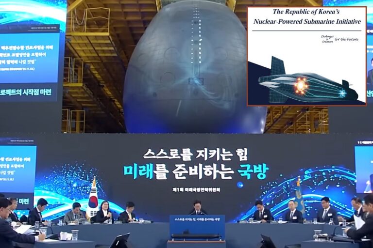 Main picture, a still from the launch video announcing South Korea’s nuclear-powered submarine project; inset, the front cover of the MoND’s official guide.