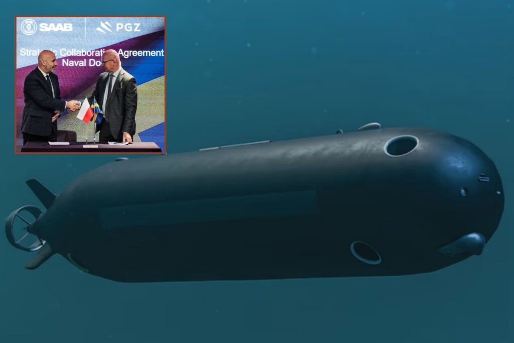 Under the newly signed SCA (inset) the two companies plan to jointly produce and market Saab’s Autonomous Ocean Drone XLUUV, among other collaborations.