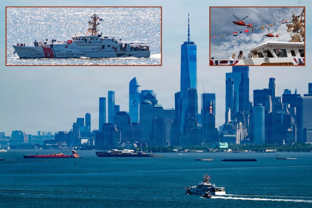 Main picture, USCGC Vincent Danz sailing into New York Harbour; insets, the boat ahead of her commissioning ceremony and helicopters conducting a flypast.