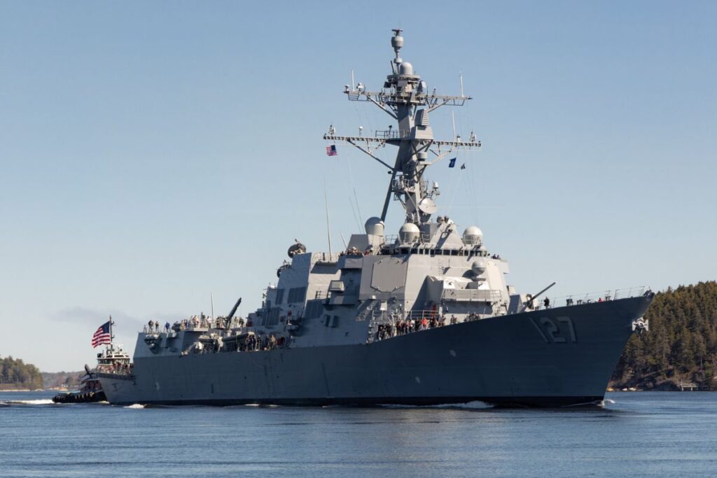The future USS Patrick Gallagher on her way to carry out sea trials.
