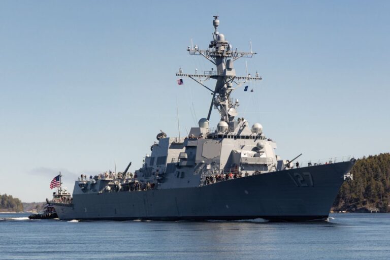 The future USS Patrick Gallagher on her way to carry out sea trials.