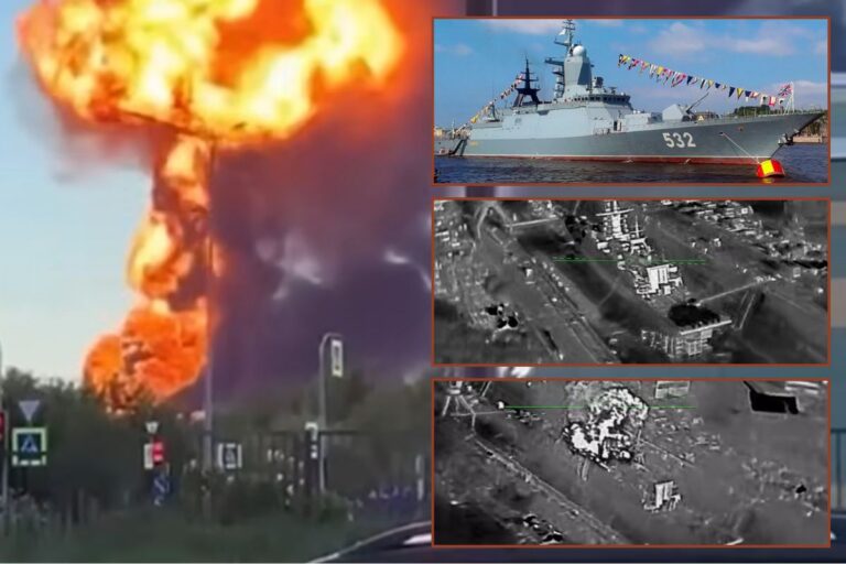 Stills captured from video footage of the drone strike on the Russian corvette Boikiy.