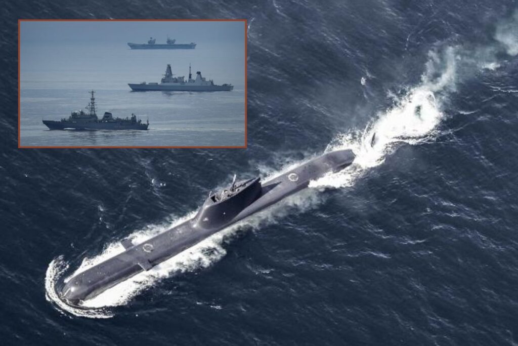 Main picture, one of the NATO submarines which took part in Dynamic Mongoose 26; inset, Royal Navy aircraft carrier HMS Prince of Wales and Type 45 destroyer HMS Duncan keep tabs on Russian Navy intelligence ship Yury Ivanov which loitered nearby during the drills.