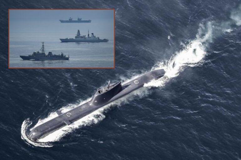 Main picture, one of the NATO submarines which took part in Dynamic Mongoose 26; inset, Royal Navy aircraft carrier HMS Prince of Wales and Type 45 destroyer HMS Duncan keep tabs on Russian Navy intelligence ship Yury Ivanov which loitered nearby during the drills.
