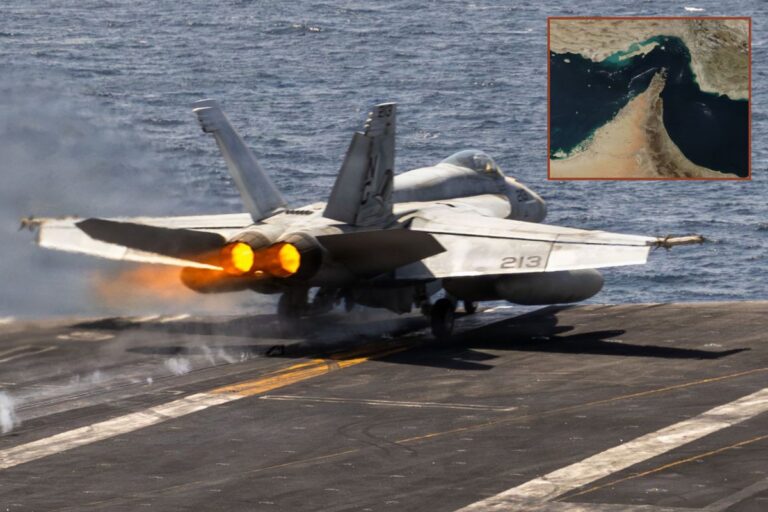 Air patrols such as the one being undertaken by this F/A-18 Super Hornet taking off from USS Abraham Lincoln may soon no longer be needed after the U.S. and Iran agreed the terms of a peace deal meaning the Strait of Hormuz (inset) will soon reopen.