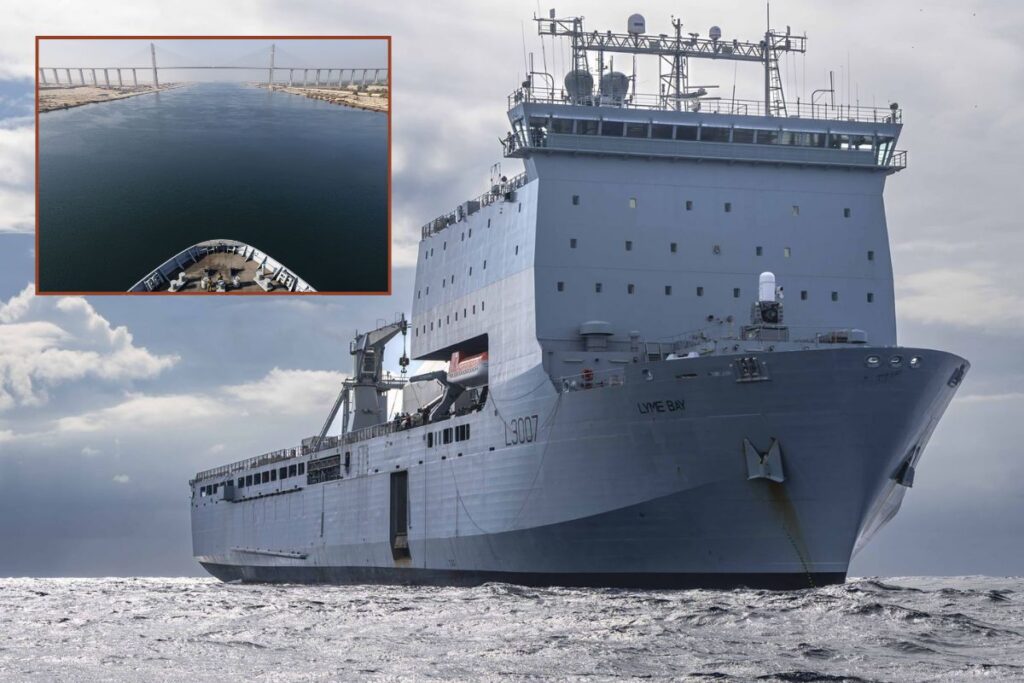 RFA Lyme Bay (main picture) has arrived in the Gulf after transiting the Suez Canal (inset).