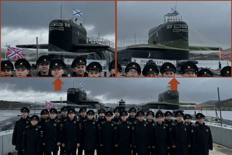 The image circulating on social media appearing to show Russian subs on a base on the Kola Peninisula; the netting is clearly visible in the enlarged sections.