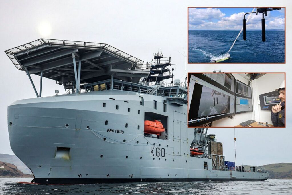 RFA Proteus (main picture) has been testing its new ScanFish oceanography system off Portland.
