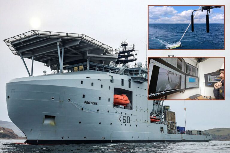 RFA Proteus (main picture) has been testing its new ScanFish oceanography system off Portland.