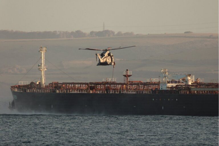 Royal Marine Commandos boarding the Smyrtos in the English Channel on Sunday. Image: Ministry of Defence © Crown copyright 2026