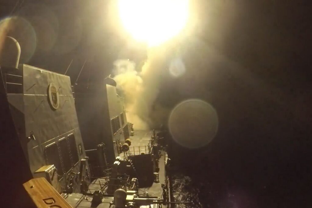A still from video footage of Tomahawk cruise missiles being launched from USS Michael Murphy on Wednesday.