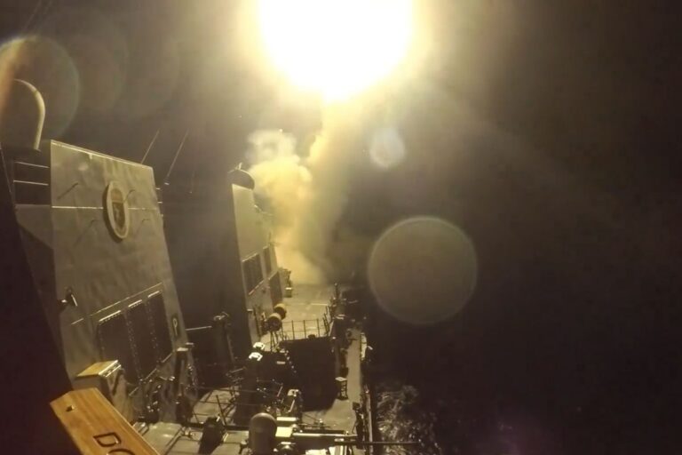 A still from video footage of Tomahawk cruise missiles being launched from USS Michael Murphy on Wednesday.