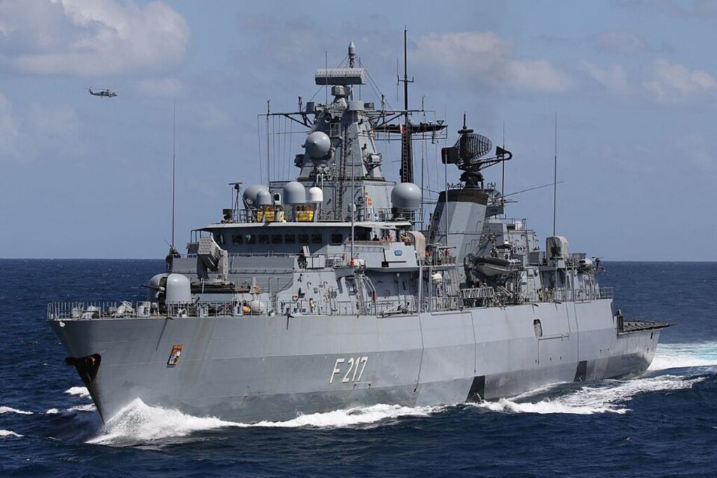 The German Navy frigate Bayern sailing in the Gulf of Aden in 2022.