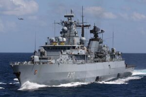 The German Navy frigate Bayern sailing in the Gulf of Aden in 2022.