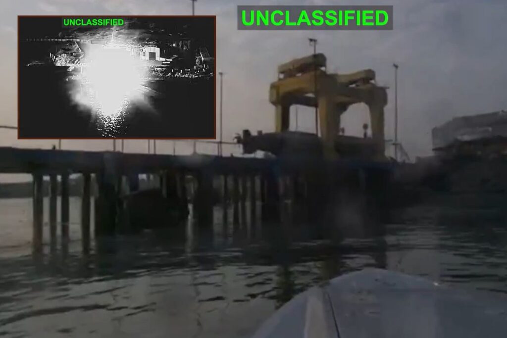 Stills from footage showing the USVs approaching the Iranian midget submarine (main picture) and one of the detonations as a drone struck the pier, viewed from above (inset).