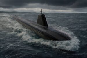 A CGI visualisation of a Dreadnought-class submarine underway at sea.