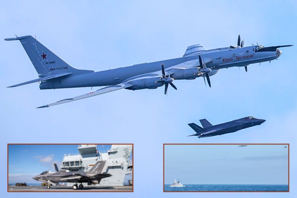 The Russian Bear-F MPA being closely shadowed by a British F-35; inset, the aircraft over HMS Duncan and an F-35 taking off from HMS Prince of Wales.
