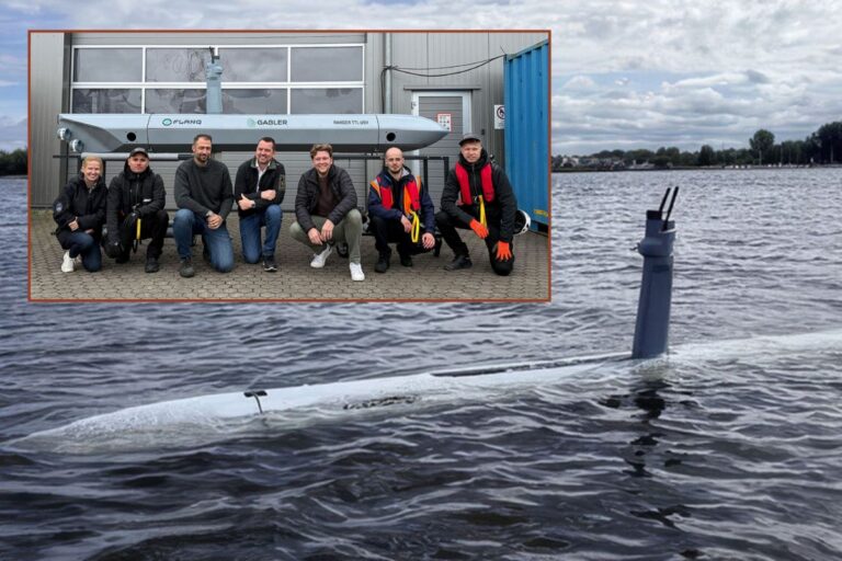 The TTL USV in the water conducting sea acceptance trials; inset, the Gabler and Flanq trials team in front of the USV in Rostock.