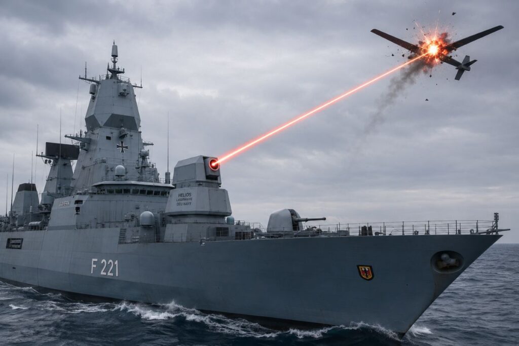 An AI-generated image of a German Navy frigate engaging an incoming hostile uncrewed aerial system with a directed energy weapon. 