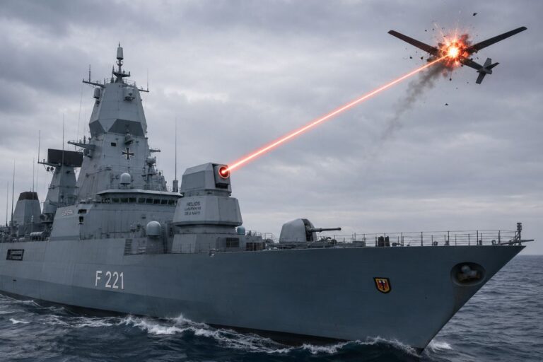 An AI-generated image of a German Navy frigate engaging an incoming hostile uncrewed aerial system with a directed energy weapon. 