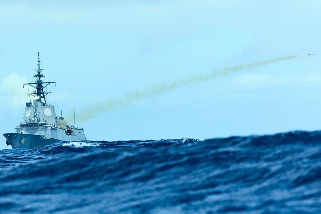 HMAS Sydney firing a Naval Strike Missile during RIMPAC off the coast of Hawaii.