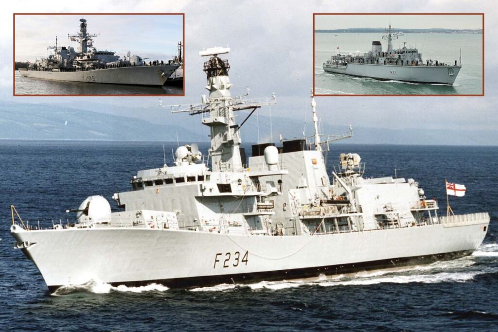 HMS Iron Duke (main picture), sister Type 23 frigate HMS Richmond (inset left) and minehunter HMS Chiddingfold are all being retired, the Royal Navy has revealed.