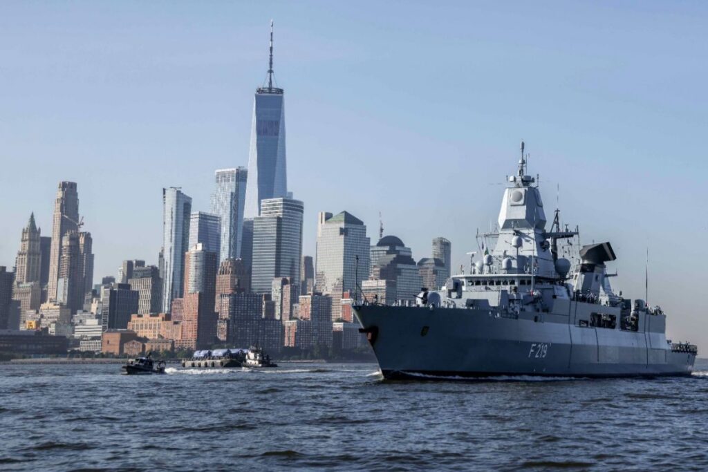 The current SNMG1 flagship, German frigate Sachsen, sailing into New York for its Fleet Week and the INR250 celebrations.