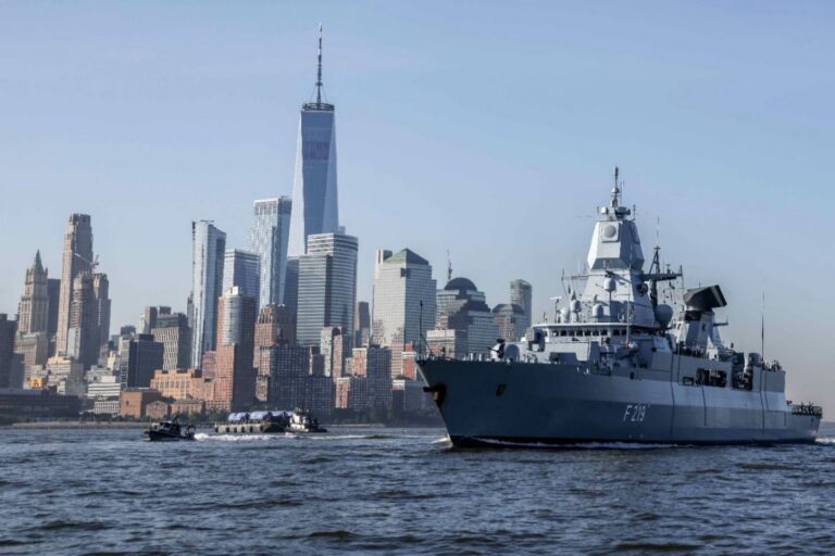 The current SNMG1 flagship, German frigate Sachsen, sailing into New York for its Fleet Week and the INR250 celebrations.