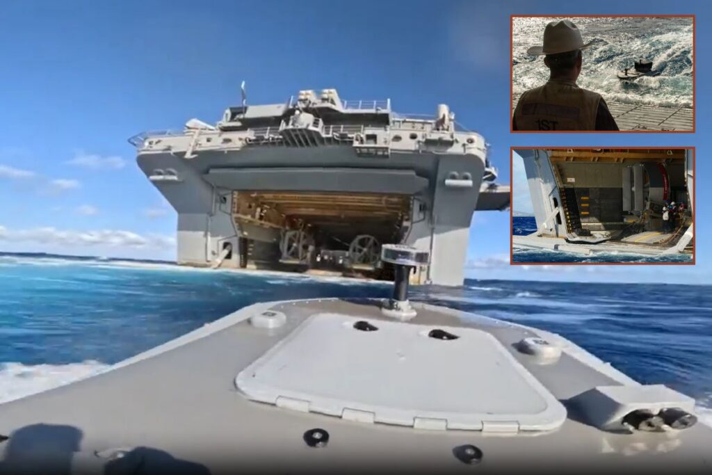 The Typhoon USV approaching (main picture) and docking (insets) in the well deck of US Navy Wasp-class amphibious assault ship USS Essex while underway.