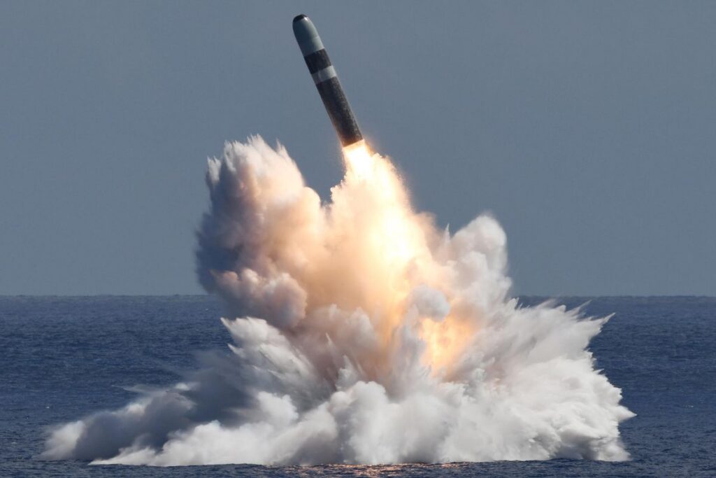 A Trident projectile being launched; submarine-launched ballistic missiles form a key part of the nuclear deterrent for both America and the U.K.