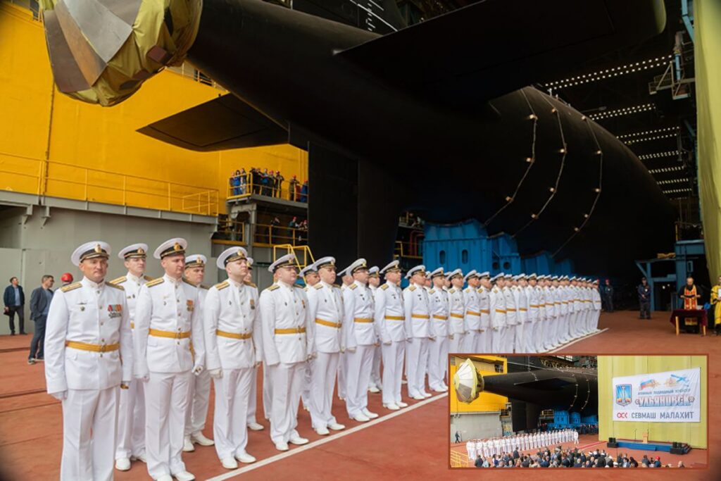 Russian Navy Yasen-M-class submarine Ulyanovsk prior to her hitting the water for the first time in Severodvinsk this week.