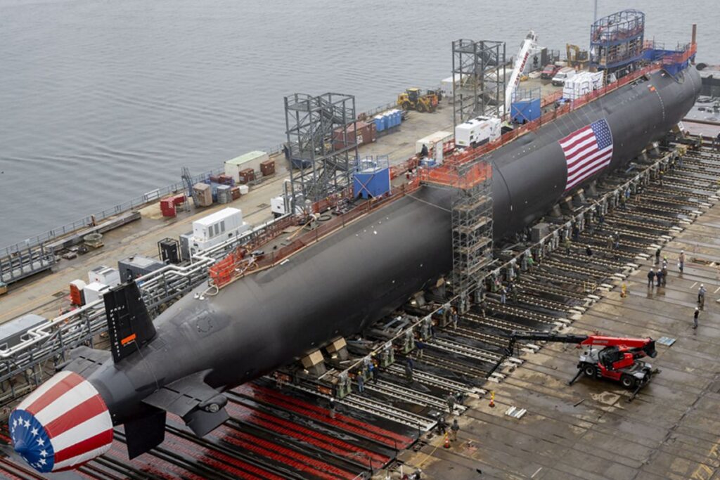 A Virginia-class submarine in the final stages of construction at the General Dynamics Electric Boat yard in Groton, Connecticut.