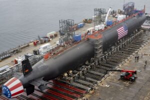 A Virginia-class submarine in the final stages of construction at the General Dynamics Electric Boat yard in Groton, Connecticut.