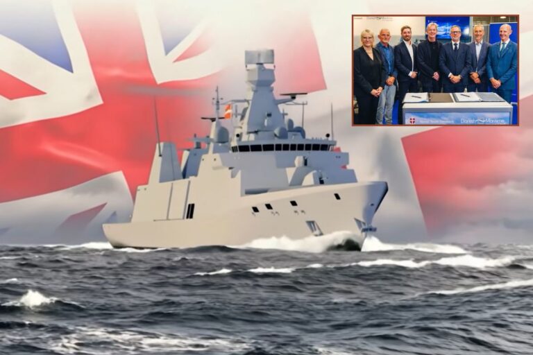Main image: A CGI-rendered visualisation of an Anglo-Danish AH 140 frigate; inset, representatives from Danish Maritime, Naval Team Denmark, Stormborn, Babcock, SH Group, and Cubedin, with The UK National Armaments Director.