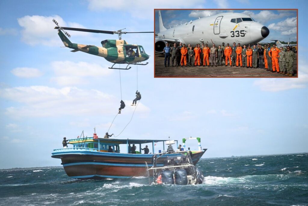 Sri Lanka Navy sailors rappel from a Sri Lanka Air Force helicopter during visit, board, search and seizure (VBSS) training; inset, the participating U.S. Navy P-8A Poseidon aircraft and U.S. and Sri Lankan air crews at Katunayake Air Force Base, Sri Lanka.