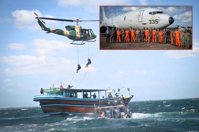 Sri Lanka Navy sailors rappel from a Sri Lanka Air Force helicopter during visit, board, search and seizure (VBSS) training; inset, the participating U.S. Navy P-8A Poseidon aircraft and U.S. and Sri Lankan air crews at Katunayake Air Force Base, Sri Lanka.