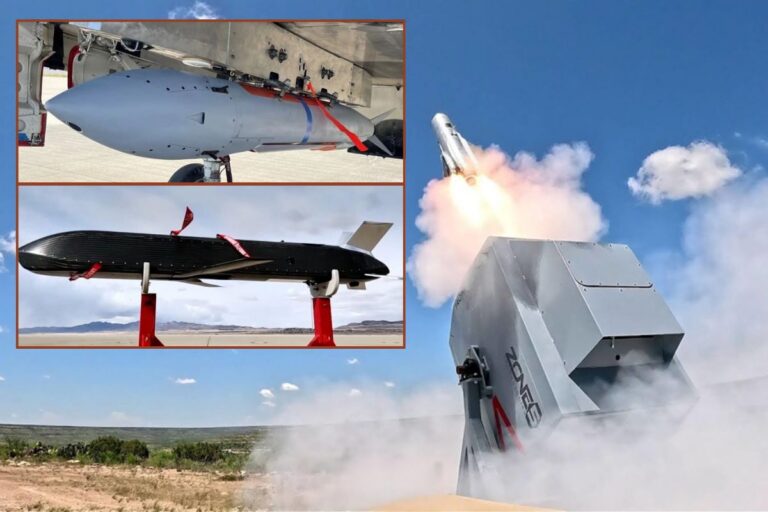 Main image, Zone 5’s White Spike interceptor being test-fired; insets, CoAspire’s RAACM-ER (top) and Zone 5’s AGM-188A Rusty Dagger.