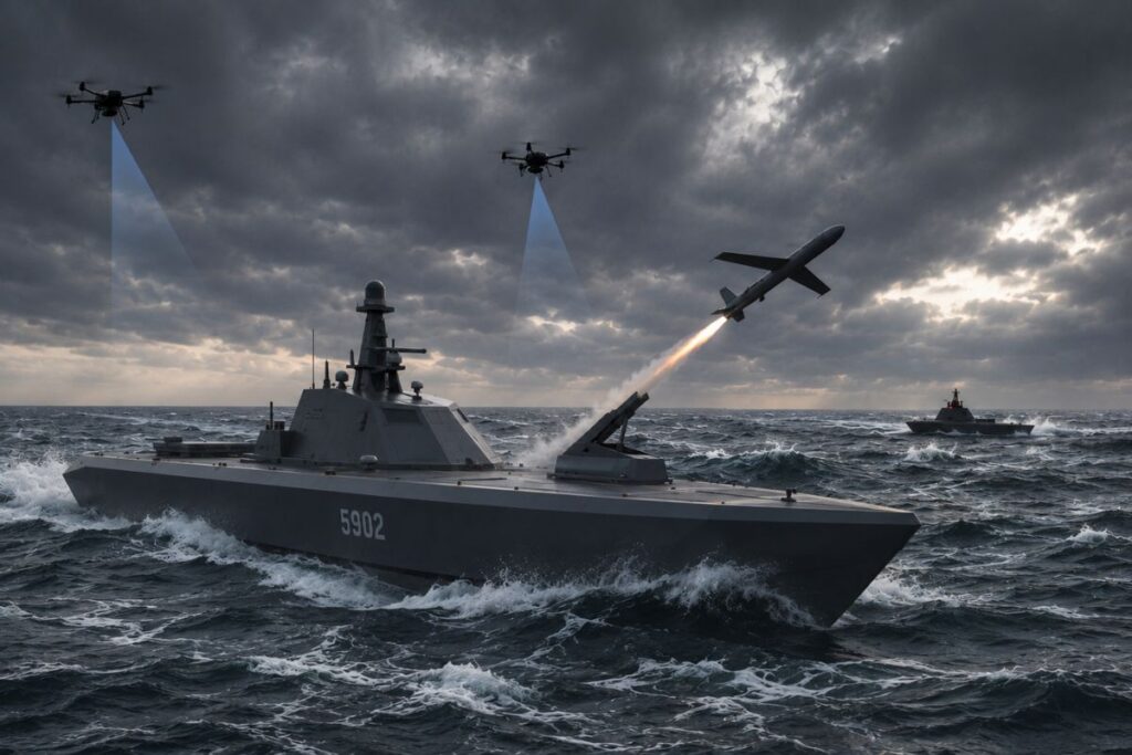 An AI-generated image depicting a USV deploying UAS to counter an incoming drone-boat threat.