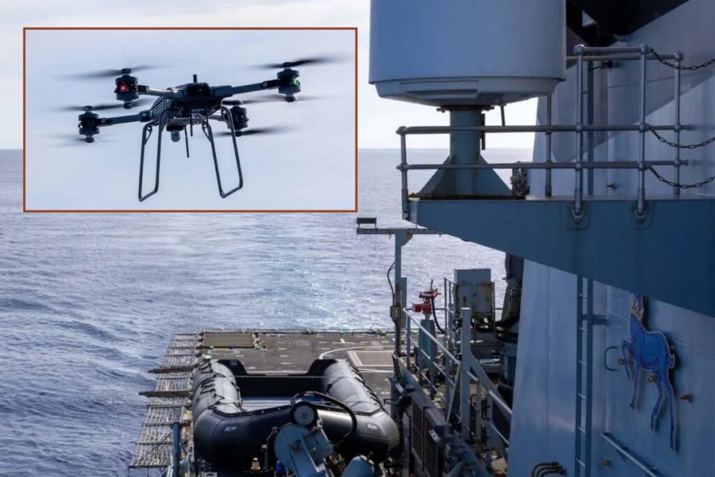 A Malloy T-150B UAS (inset) is performing heavy-lift and ISR missions from Royal Navy warship HMS Trent.