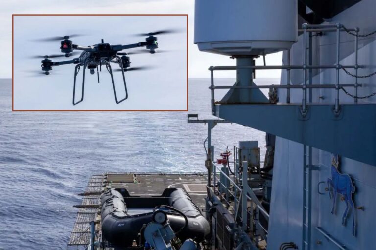 A Malloy T-150B UAS (inset) is performing heavy-lift and ISR missions from Royal Navy warship HMS Trent.