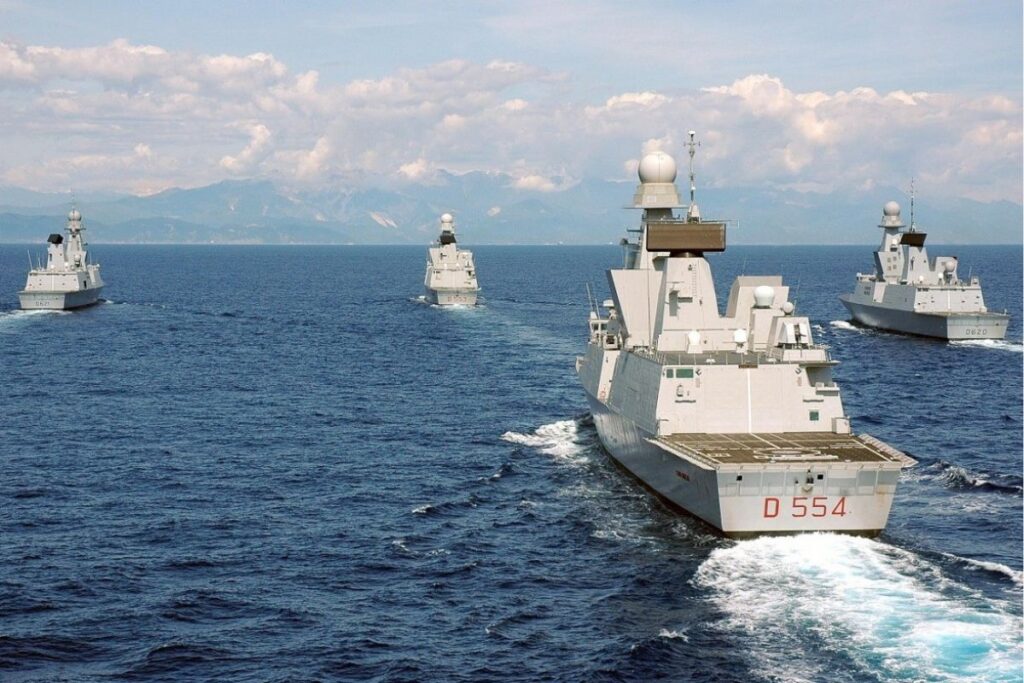The Italian Navy Horizon-class frigate Caio Duilio, pictured here sailing alongside her French and Italian naval counterparts, will be second in line for the MLU.