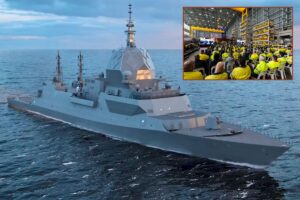 The keel-laying ceremony (inset) for the future HMAS Hunter, the first Hunter-class frigate for the Royal Australian Navy.