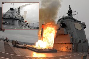 Japan Maritime Self Defense Force destroyer JS Chokai firing a Tomahawk missile.