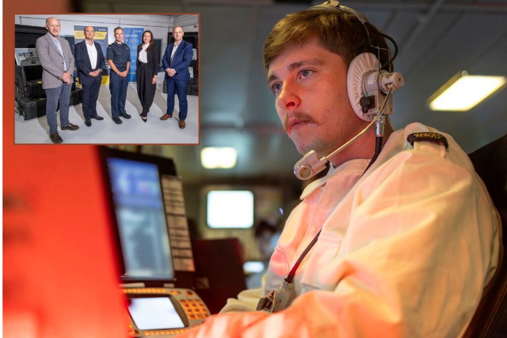 Main image, inside the Electronic Warfare Department onboard Royal Navy Type 45 destroyer HMS Dragon; inset some of the team who have delivered the first MESWIC system.