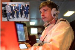 Main image, inside the Electronic Warfare Department onboard Royal Navy Type 45 destroyer HMS Dragon; inset some of the team who have delivered the first MESWIC system.