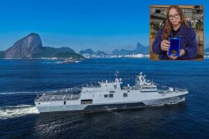 Main picture, the first-in-class frigate Tamandaré at sea; inset, TKMS Brasil materials analyst Jéssica Vieira with the commemorative coin laid on the keel of the Mariz e Barros.