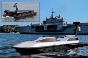 Main picture, NEWT21’s FOG drone; inset, its RAY USV — both have now been declared ready for commercial production.