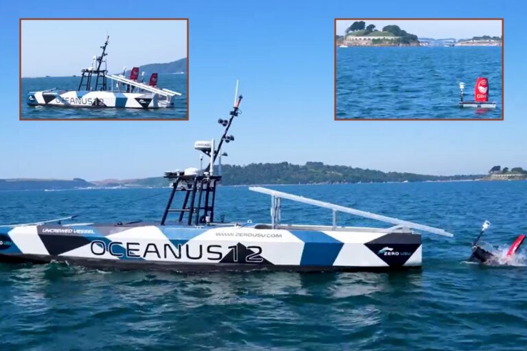Stills from video footage of the Oceanus12 USV launching two smaller Oshen C-Star drones.