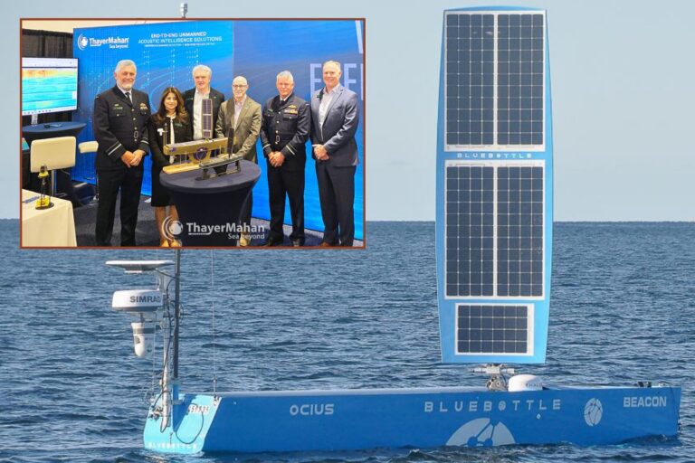 Main picture, an Ocius Bluebottle USV in the waters off Jervis Bay; inset, members of the Australian Defence Force, Austrade, Ocius, and ThayerMahan at a recent conference.